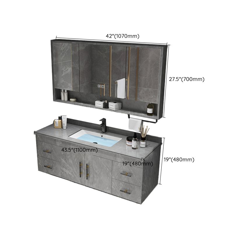Stone Top Vanity Set Single Sink Mirror Drawers Wall-Mounted Rectangle Vanity with 2 Doors