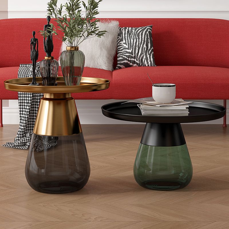 Mid-Century Modern Metal Round Side Table Top Glass Single Base Side Table