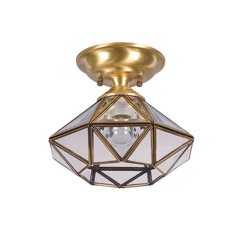 10"/12" W Colonial Diamond Flush Ceiling Light 1-Light Clear Beveled Glass Panels Flush Mount in Brass