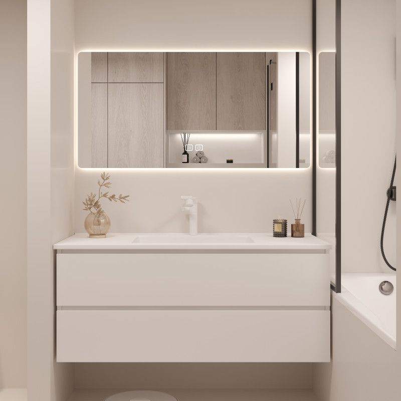 White Bathroom Vanity Wood Rectangle Single Sink Wall Mount 2 Drawers Vanity Set