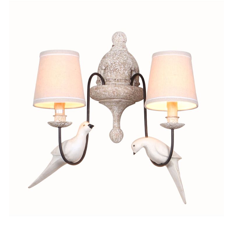 2 Heads Barrel Wall Lighting Fixture Traditional Beige Fabric Wall Sconce Light with Curved Arm and Bird Decor