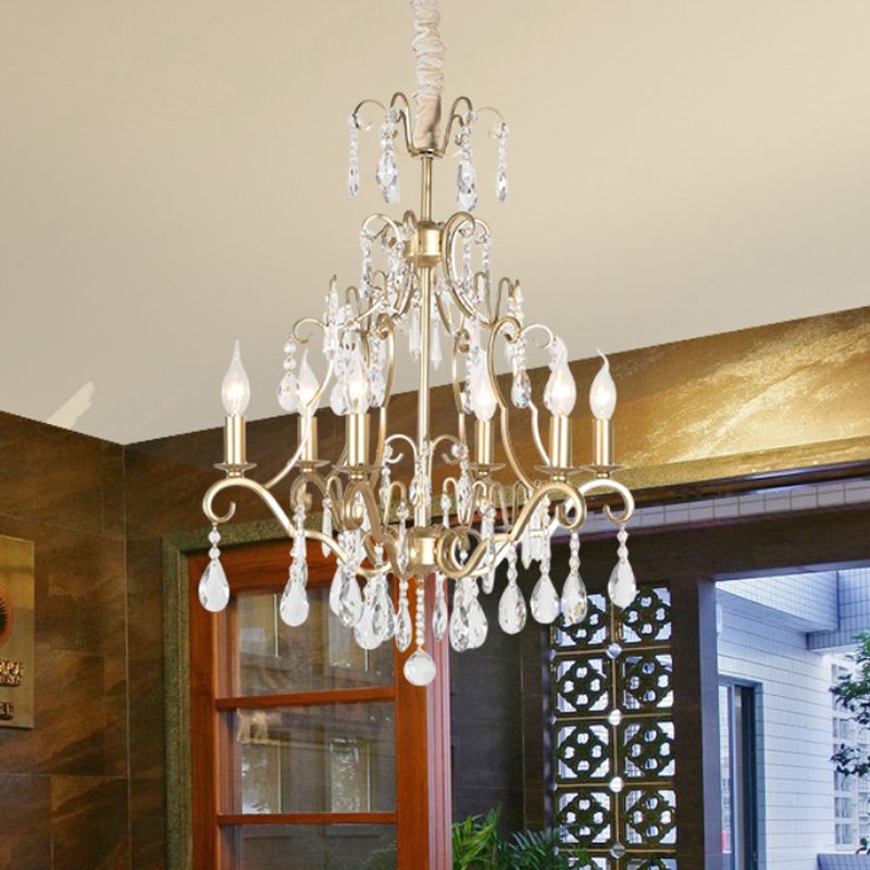 6 Lights Chandelier Lamp Lodge Curvy Arm Crystal Pendant Light Fixture in Gold for Bedroom