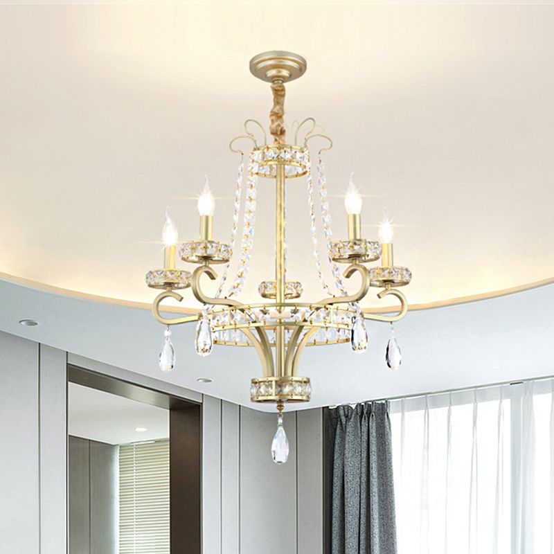 Candle Crystal Teardrops Chandelier Traditional 5 Bulbs Dinning Room Suspension Light in Gold