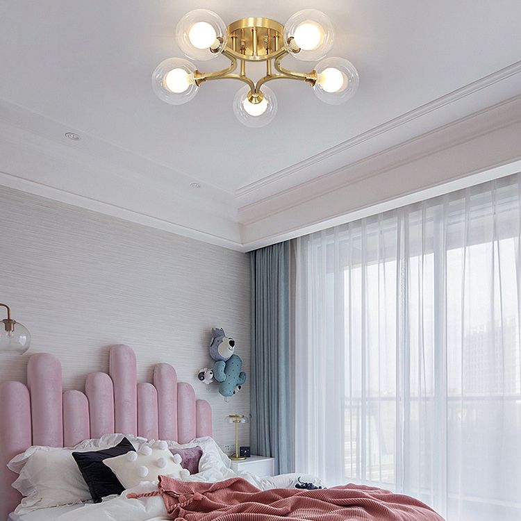Sphere Bedroom Semi Flush Mount Light Glass Nordic Style Ceiling Light in Gold