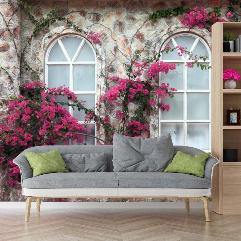Photo Style Wall Mural French Window and Blossom Full Size Wall Art for Coffee Shop, Made to Measure