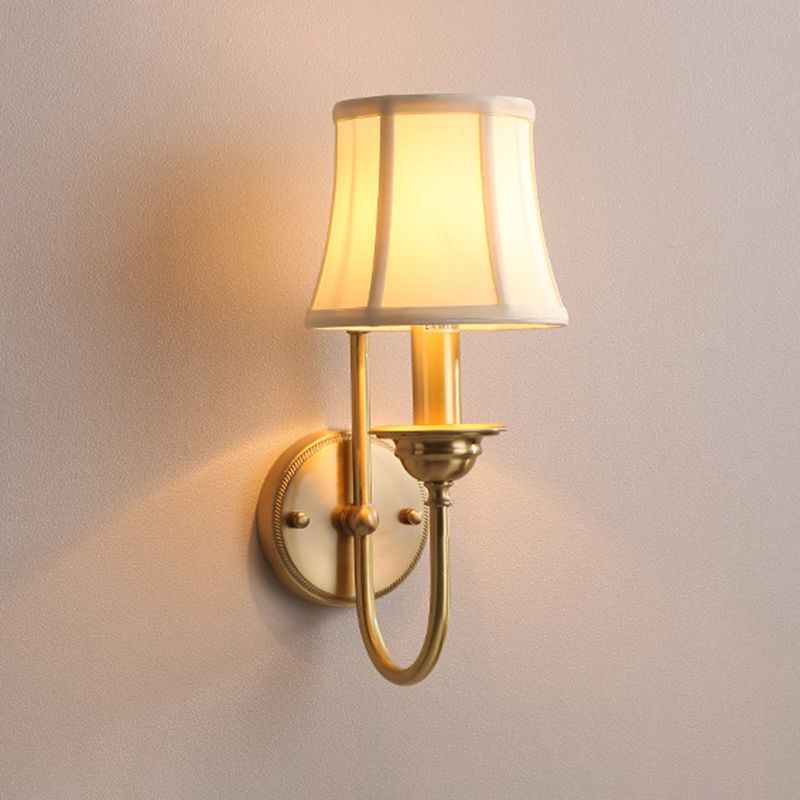 Flared Living Room Wall Lighting Antiqued Fabric 1 Bulb Gold Wall Mounted Lamp with U Shaped Arm