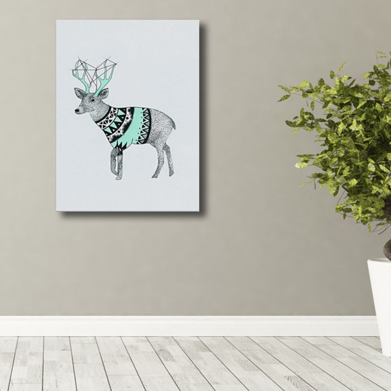 Illustrated Children's Art Canvas Print with Reindeer in Green for House Corridor
