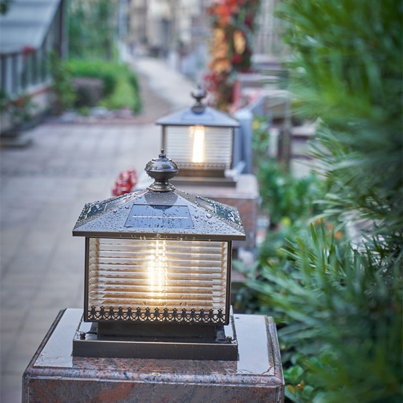 Contemporary Pillar Lighting Fixture Minimalist LED Solar Lamp with Glass Shade for Garden