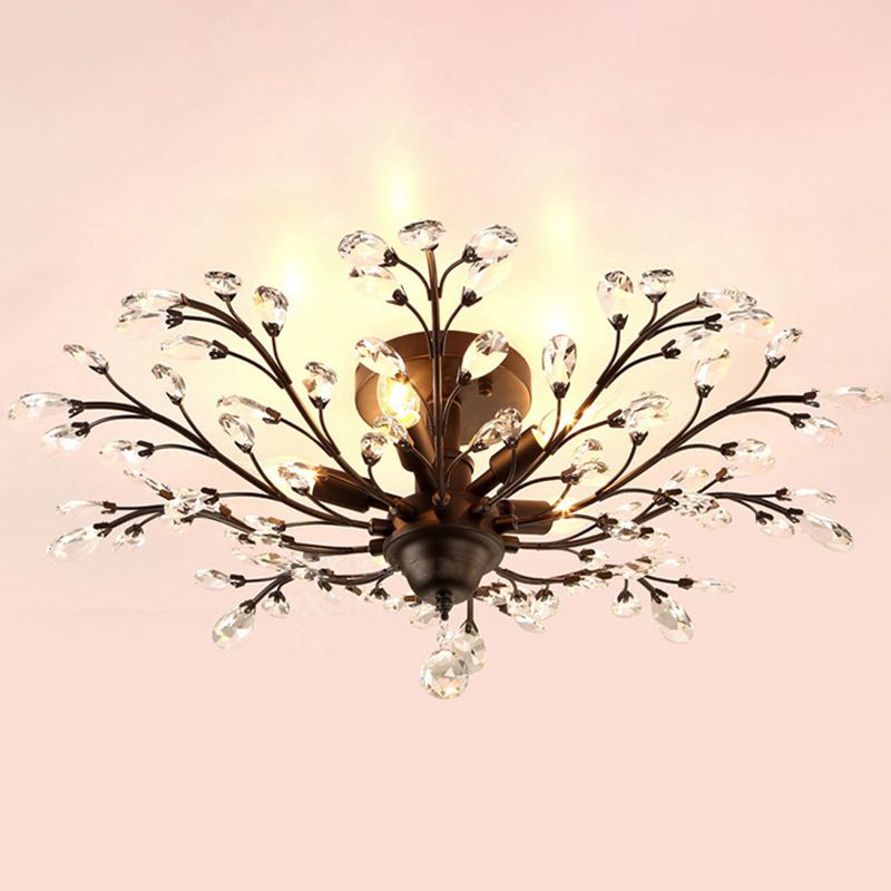 Contemporary Leaf Flush Light Crystal Flush Mount Ceiling Fixture in Black