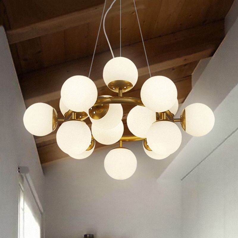 Gold Spherical Chandelier Modernist 15 Lights White Glass Hanging Pendant Light