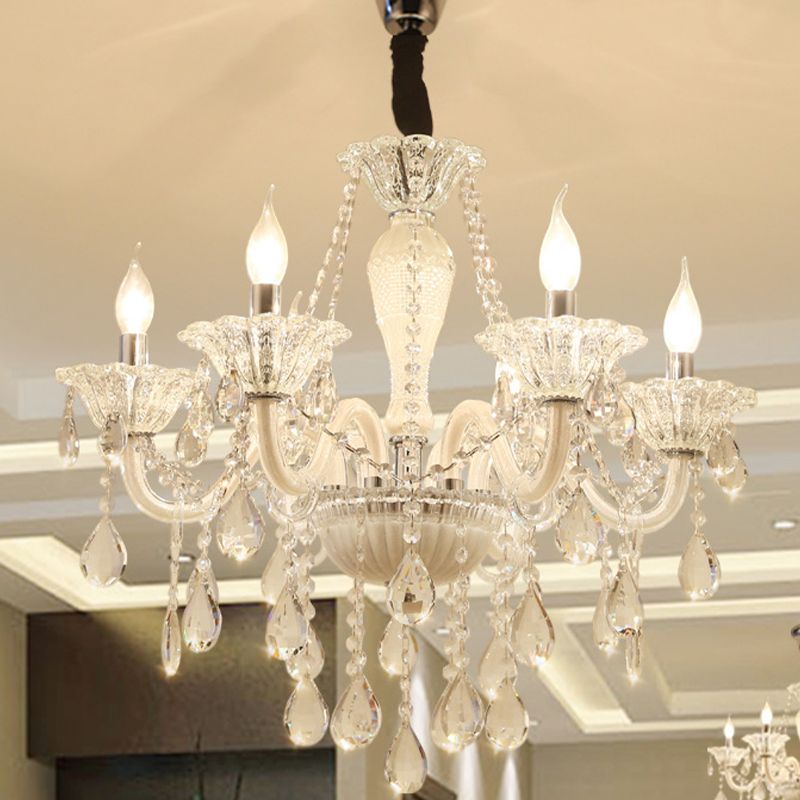 Modern Candle Hanging Chandelier Clear Crystal Glass 6 Bulbs Living Room Pendant Ceiling Light in White