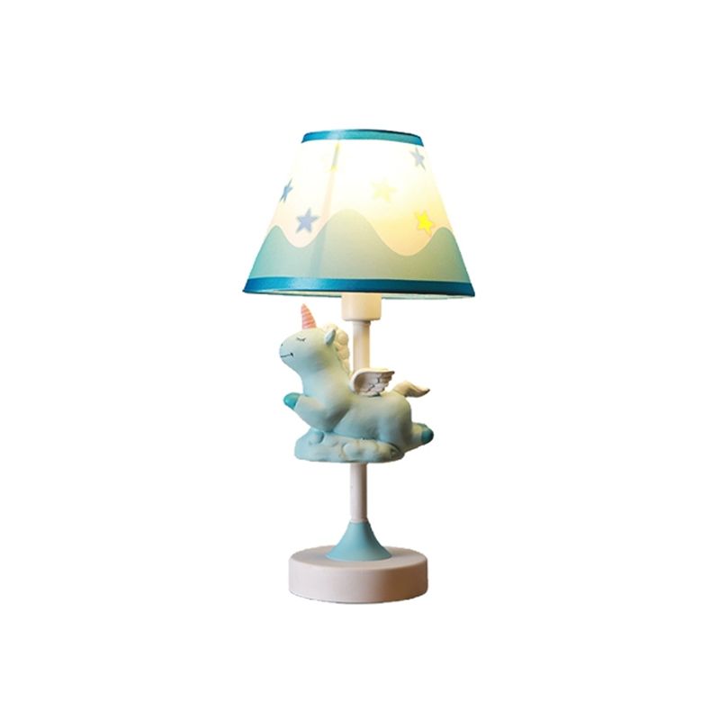 Cartoon 1 lichte tafelverlichting met stofschaduw conisch roze/blauw/gouden eenhoorn nachtkastje lamp voor studieruimte