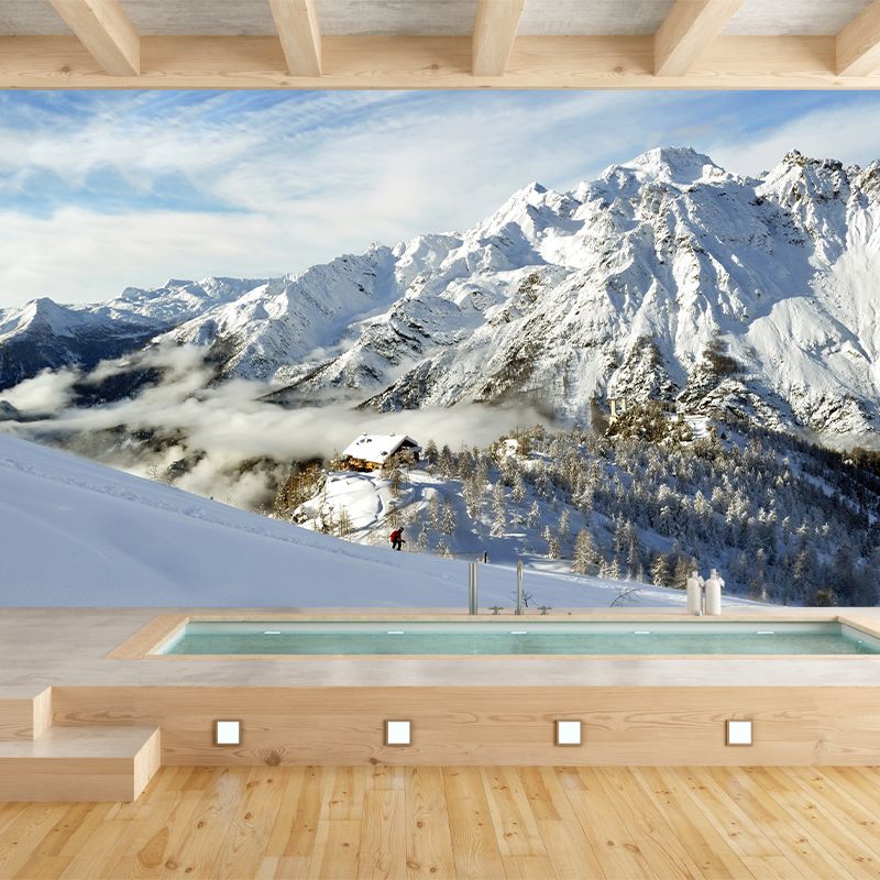 Modern Snow Mountain Cabin Murals Non-Woven Waterproof Grey-White Wall Decor for Home