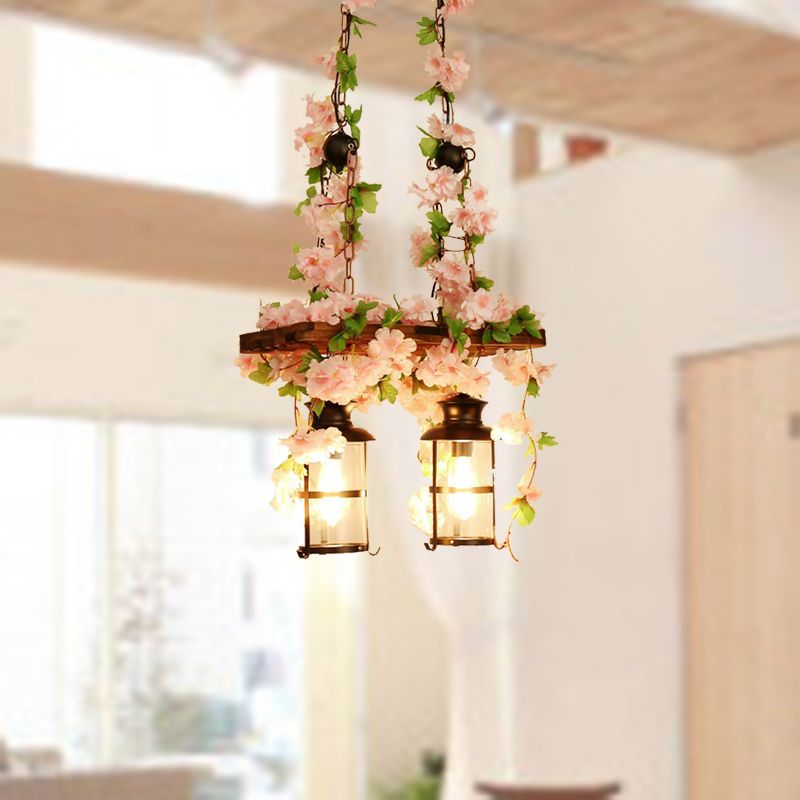 Lantern Restaurant Island Ceiling Light Retro Wooden 2/3 Heads Pink/Green LED Drop Lamp with Plant/Flower Decor