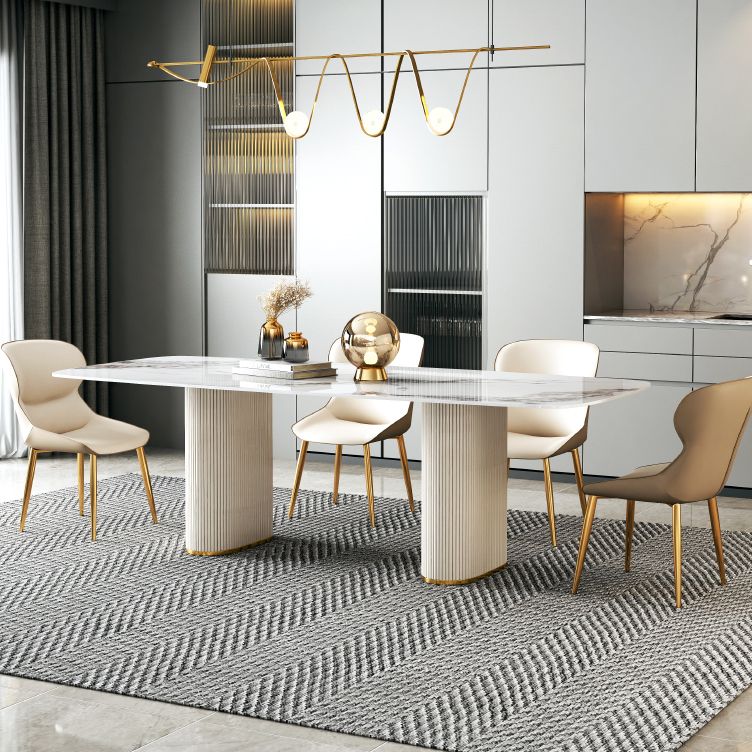 Luxury White Tone Dining Table Sintered Stone Table with Double Pedestal