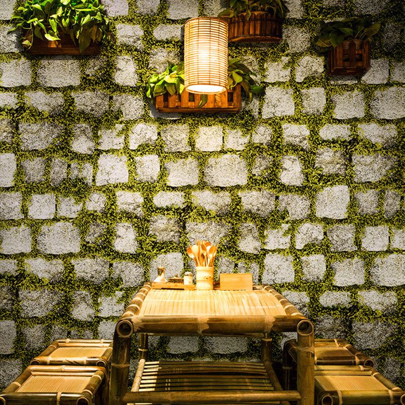 Grass and Stone Wallpaper in White and Green Vinyl Decorative Wall Decor, 20.5"W x 33'L