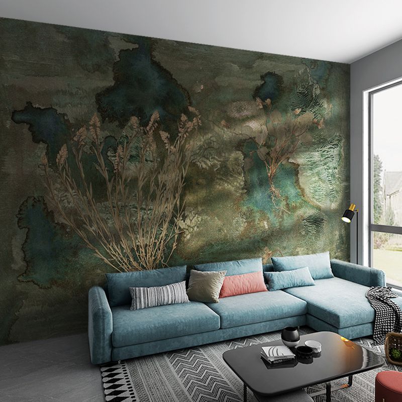 Non-Woven Big Mural Blackish Green Tropical Bush and Forest Wall Covering, Custom Size Available