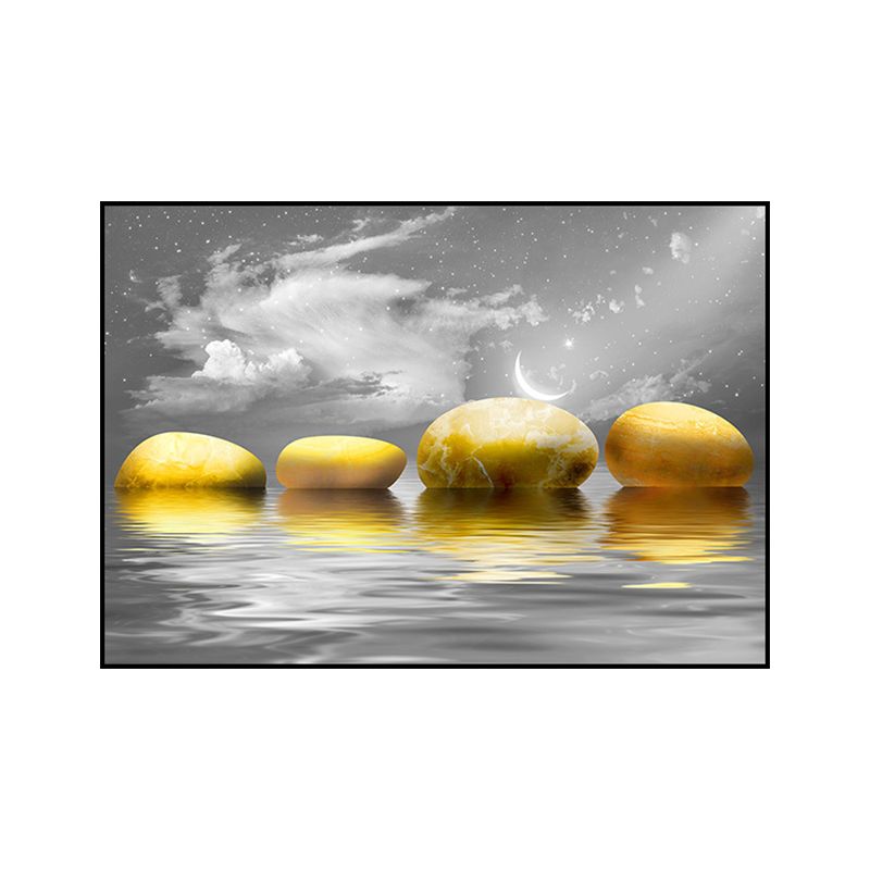 Big Pebbles Wall Art Print Glam Magical Night Seascape Canvas in Gold for Bedroom
