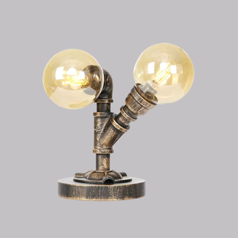 Tarea de sombra redonda de vidrio transparente/ámbar iluminación vintage estilo 2 luces lámpara de escritorio de cafetería en plata antigua/bronce