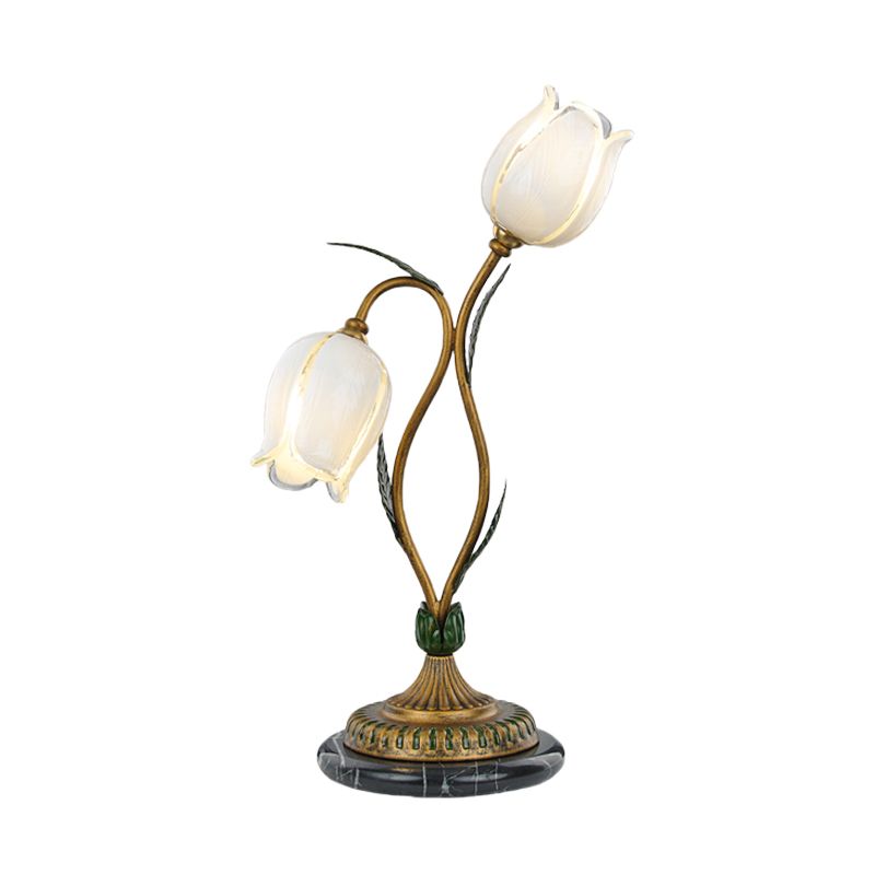 Brass Tulip Nightstand Lighting Romantic Pastoral White/Yellow Glass 2 Bulbs Bedroom Night Table Lamp