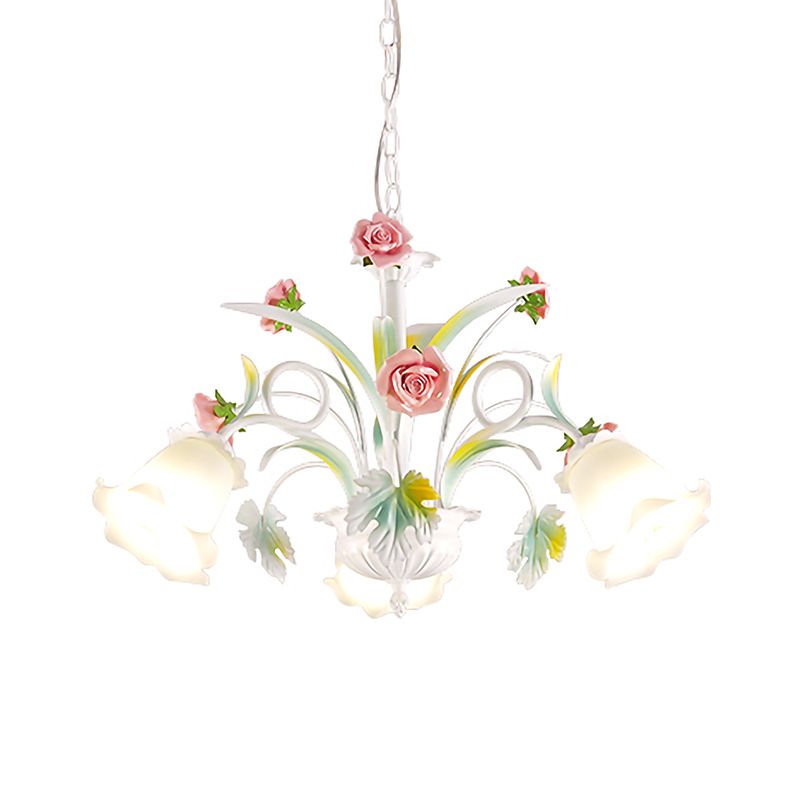 White Glass Rose Chandelier Light Countryside 3 Bulbs Living Room Pendant Lighting Fixture