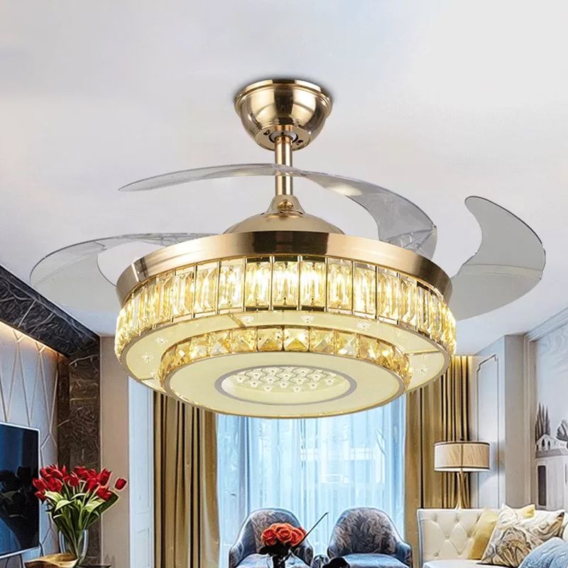 2-stufiger Kreis abgeschrägtes Kristall Semi Flush Moderne 19-Zoll-LED Gold Hanging Lüfterlampe, 4-Blade
