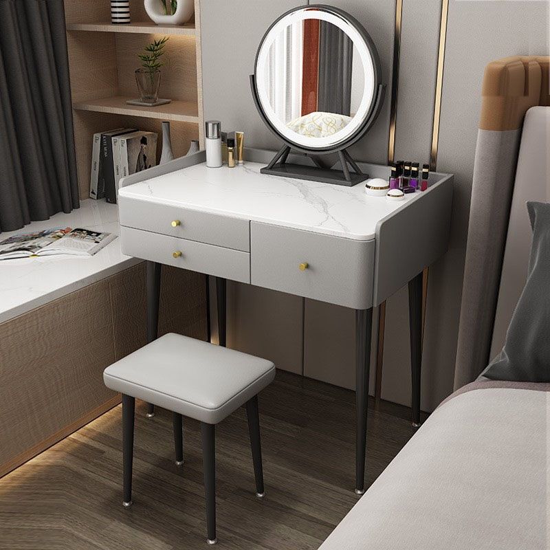 Luxurious Stone Top Vanity Genuine Leather Vanity Set with Stool