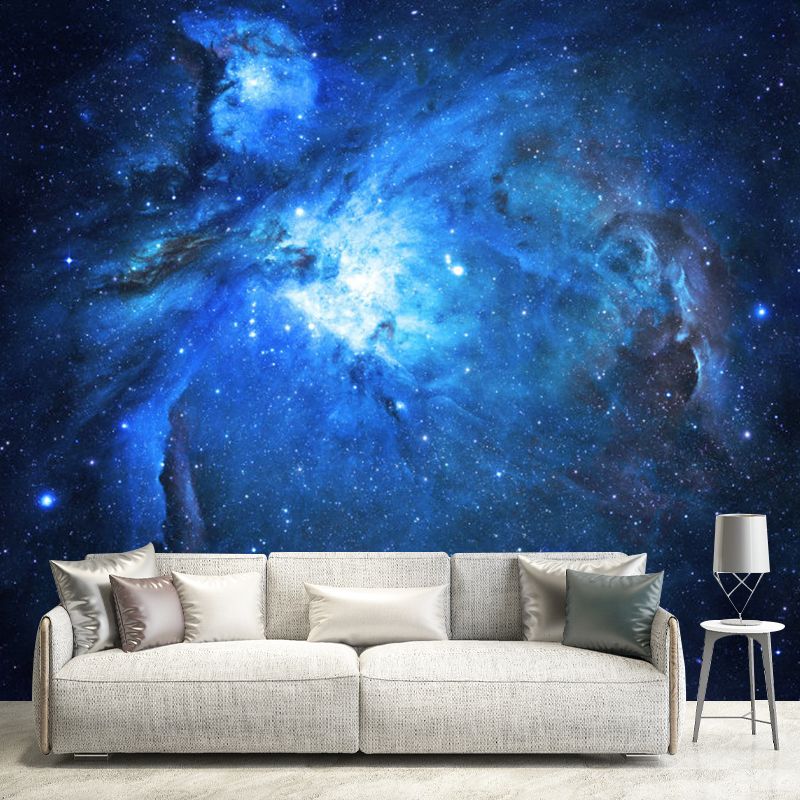 Whole Illustration Style Mural Wallpaper for Living Room with Nebula Design in Blue