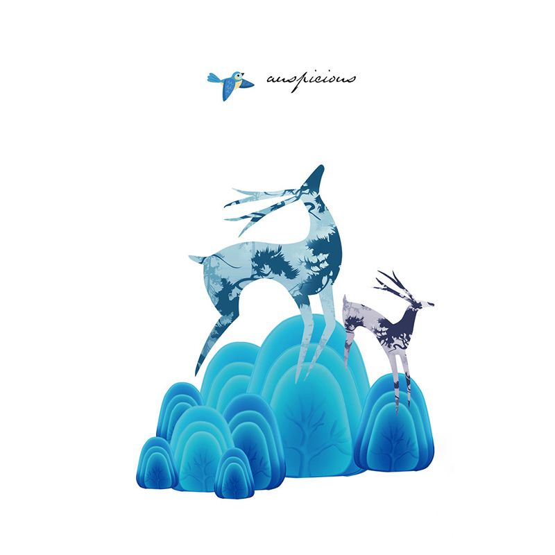 Illustration Deer and Stone Murals for Childrens Bedroom, Blue and Purple, Custom Size Available