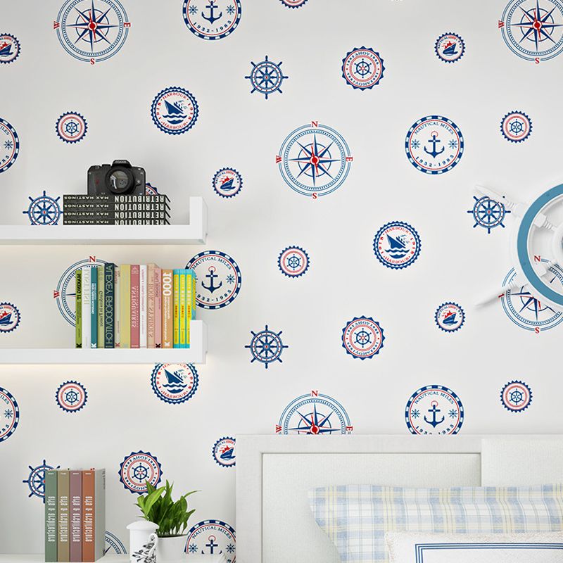 Mediterranean Compass and Boat Wallpaper for Kids' Room in White and Blue Non-Pasted Non-Woven