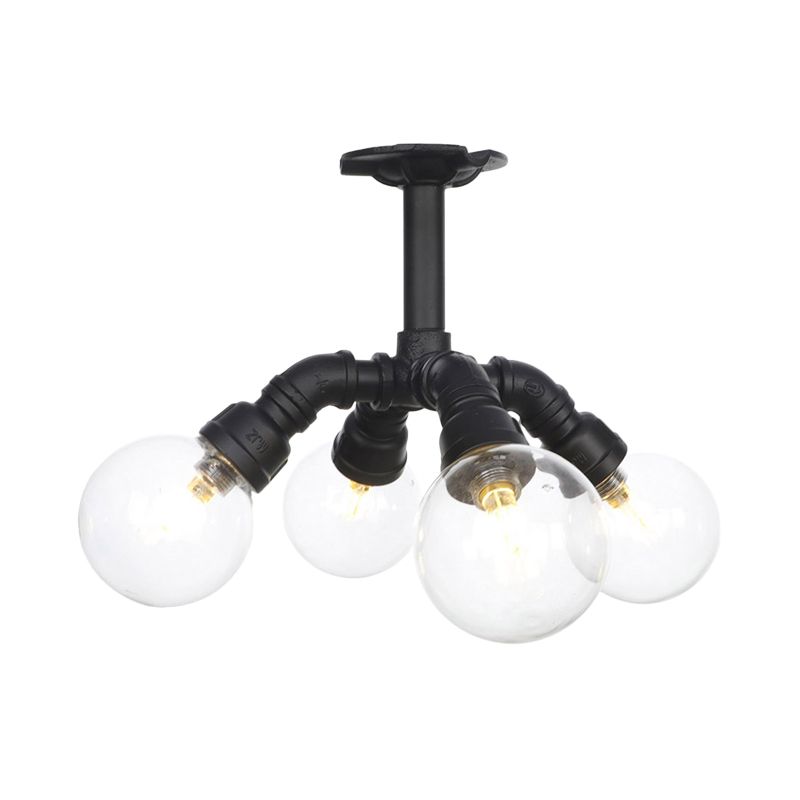 Black 4/5/6-Head Semi Flushmount Antiqued Clear Glass Ball LED Close to Ceiling Lighting