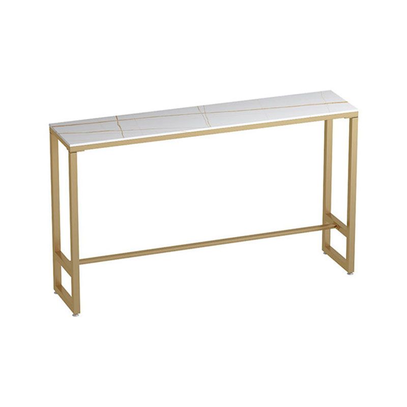Glam Rectangle Stone Pub Bar Table Indoor Gold Iron Bar Dining Table with Trestle Pedestal