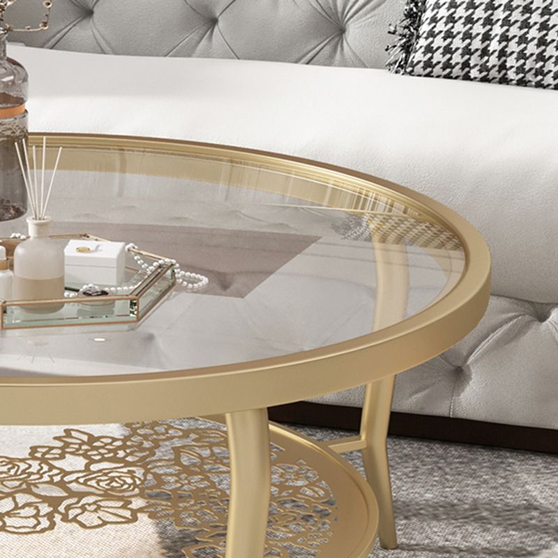23.6"/17.7"H Modern 4 Legs Steel Base Glass Round Coffee Table with Shelf