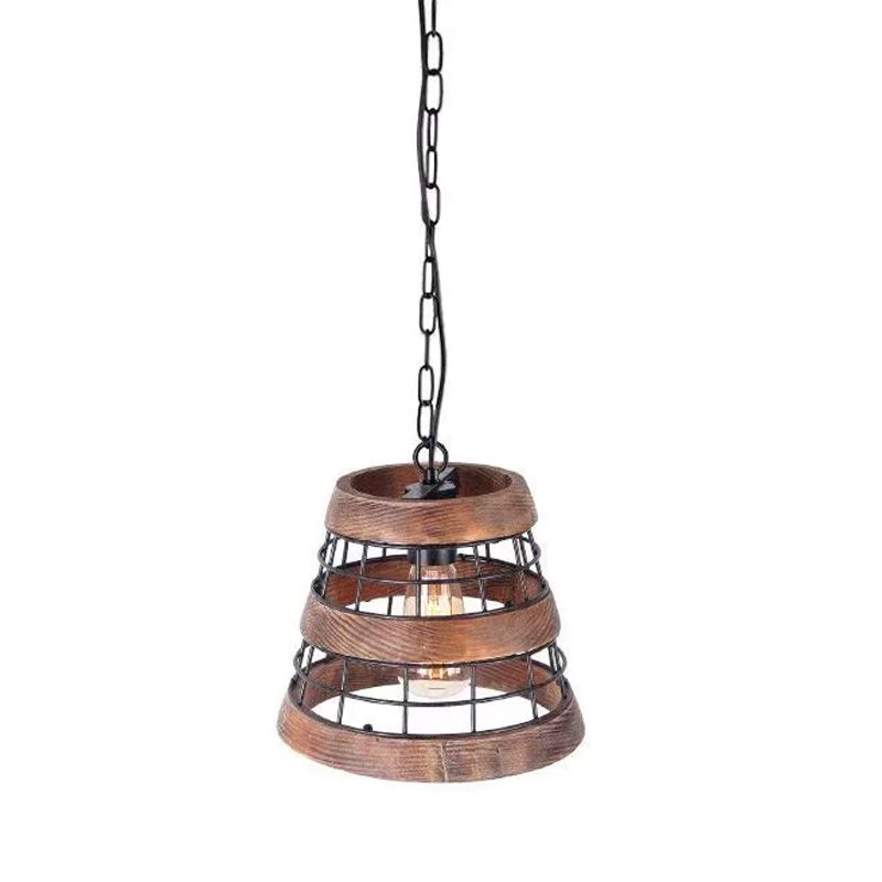 Tapered Kitchen Pendant Light Rural Metal 1 Head Dark Wood Suspended Lighting Fixture with Wire Guard
