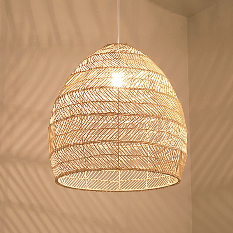 1-Light Hanging Light Fixture Asian Style Pendant Light with Rattan Shade for Bedroom