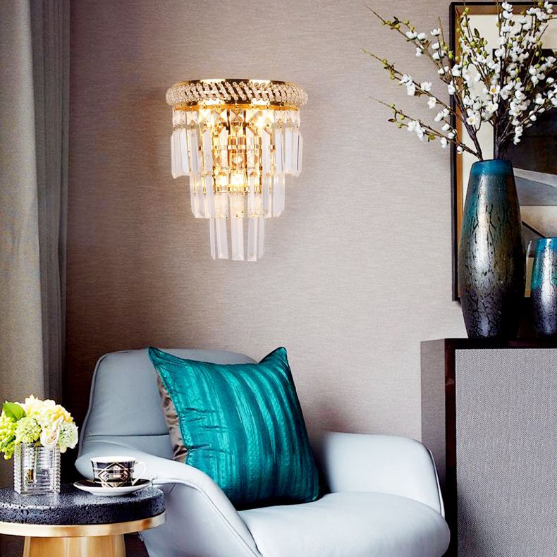 Modern Luxury Stagger Wall Lamp Electroplate Metal 3-Light Wall Sconce with Crystal Shade