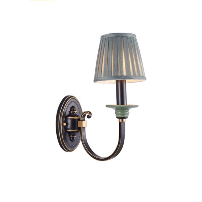 Metal Arched Wall Light Contemporary 1 Head Black Sconce with Tapered Pleated Fabric Shade