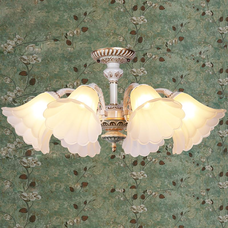 White Glass Floral Semi Flush Traditional Bedroom Ceiling Mount Chandelier with Scalloped Edge