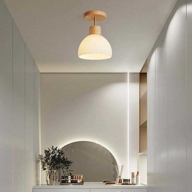 Domed Semi Flush Mount Nordic Style Wooden Beige Semi Mount Lighting