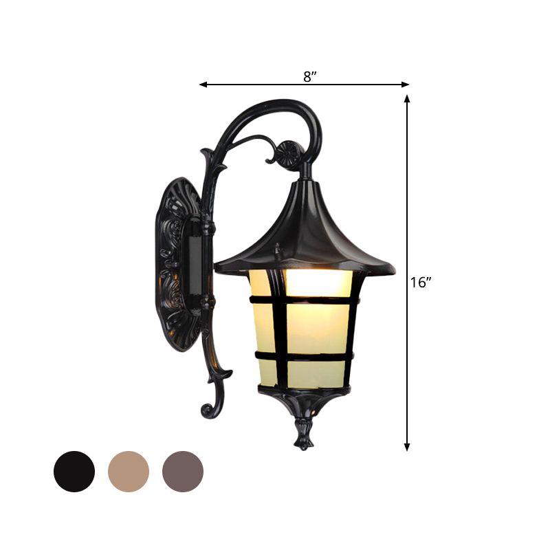 Metal Black/Coffee/Bronze Wall Light Sconce Curved Arm 1 Light Lodge Style Wall Lamp with White Glass Shade