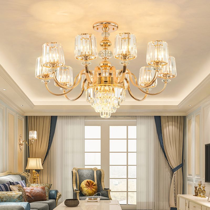 Crystal Block Chandelier Lighting Transitional Rose Gold Cylinder Parlor Pendant Light