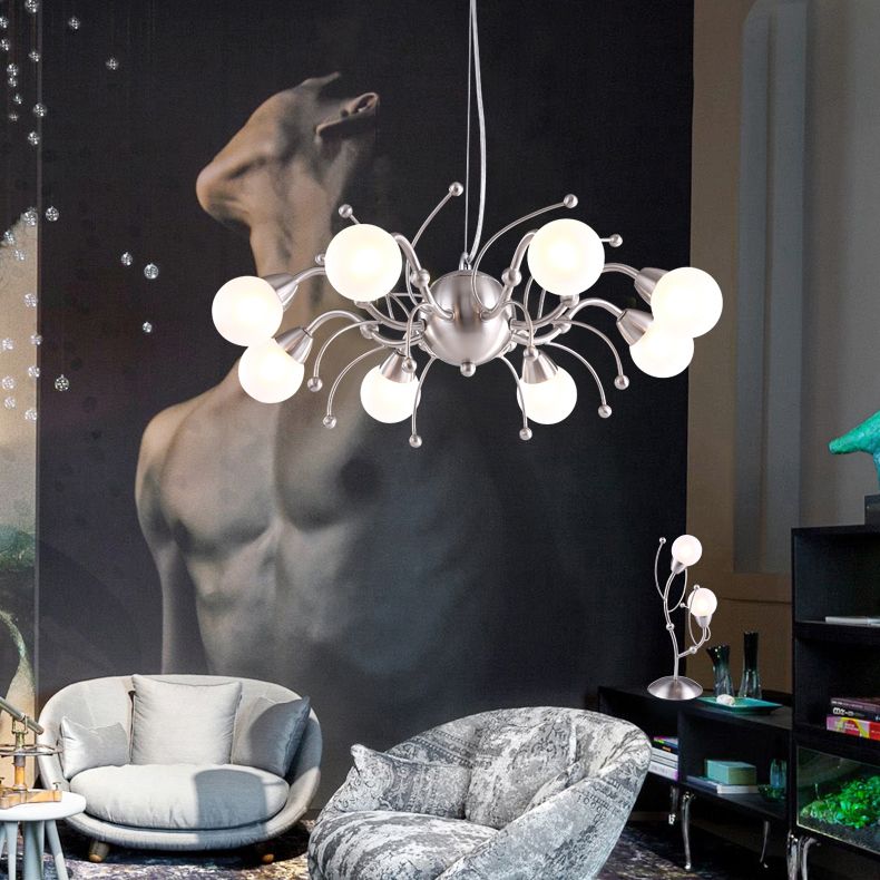 6/8 Lights Dining Room Chandelier Light with Globe White Glass Shade Modern Nickle Led Hanging Ceiling Lamp