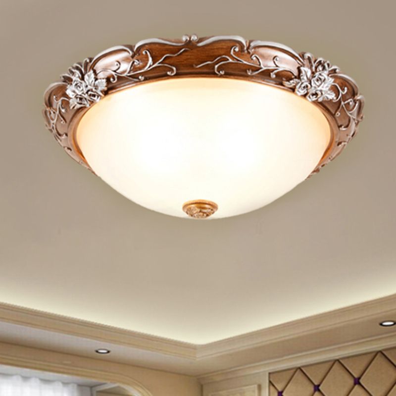 Milky Glass Brown Ceiling Lamp Semi-Spherical 3 Bulbs Countryside Flush Mount Lighting with Flower Pattern