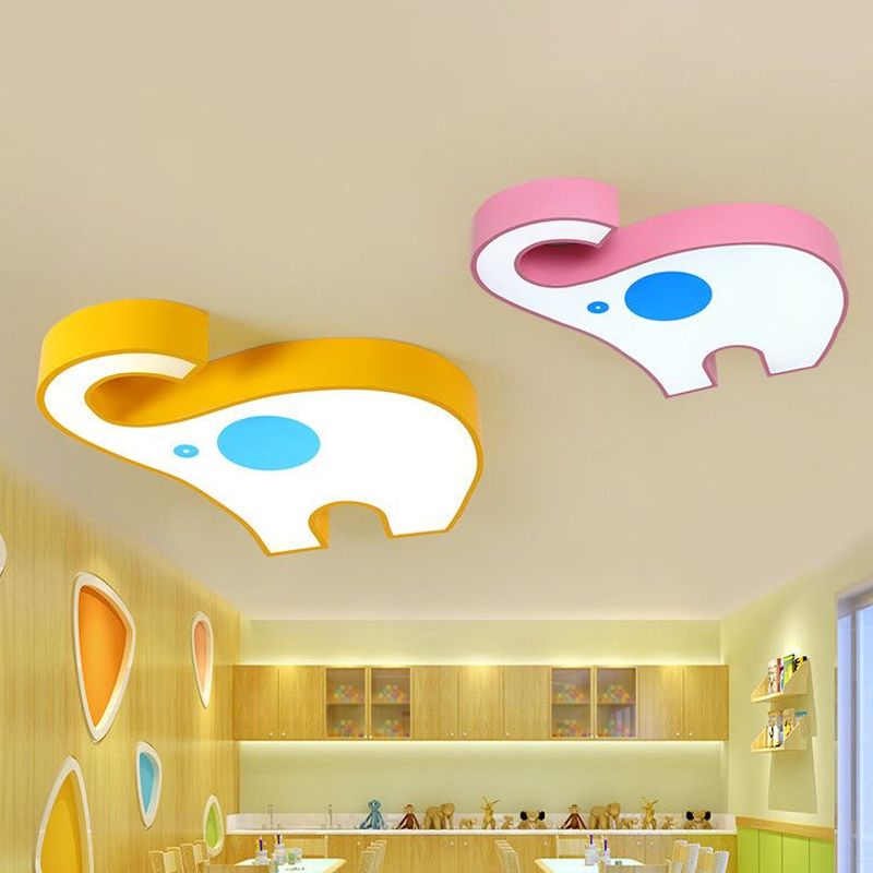 Elephant Kindergarten Flush Mount Lamp Acrylic LED Children Flush Ceiling Light Fixture in Pink/Yellow