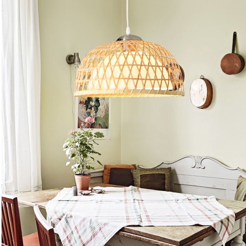 Iluminación colgante de cúpula moderna Bambú 1 bombilla lámpara colgante en madera para el comedor