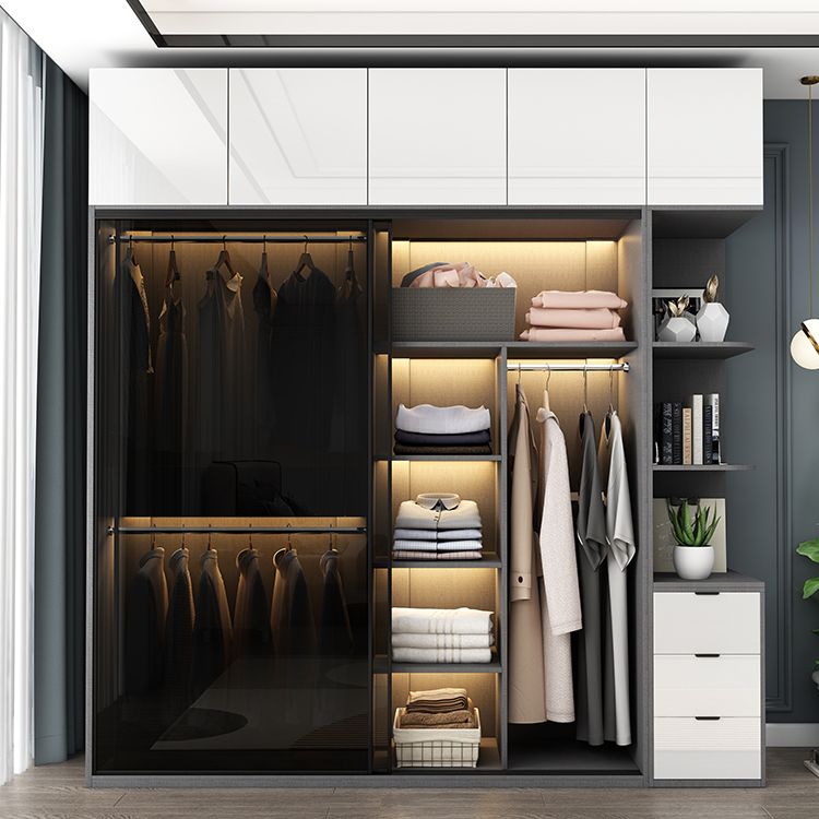 Modern Style Glass Wardrobe Black Colour Wardrobe Closet with Sliding Door