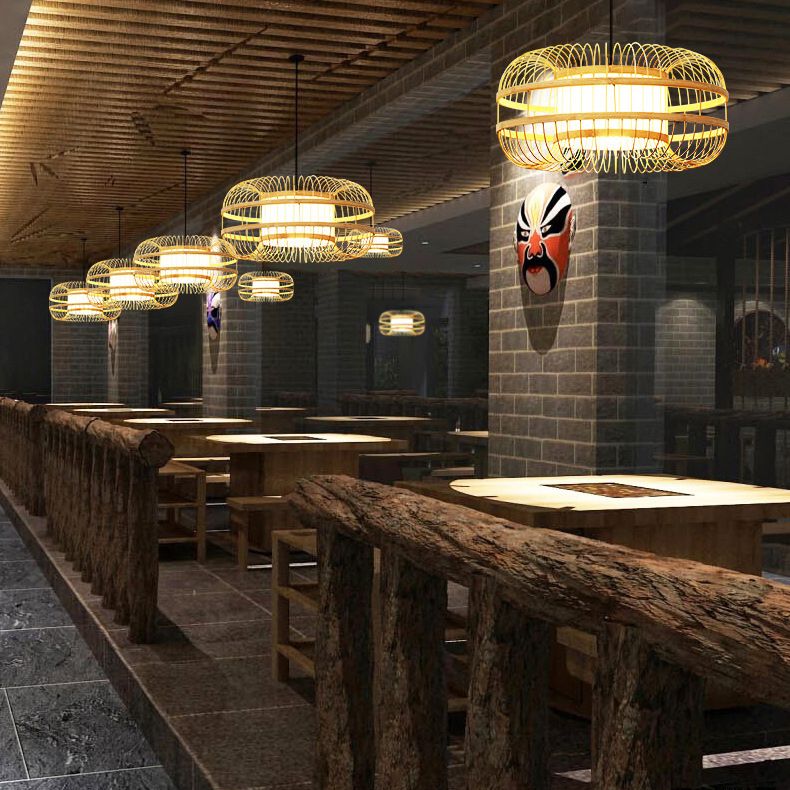 Beige 1-Light Japanese Hanging Lamp Kit Lantern Silk Pendant for Dining Room