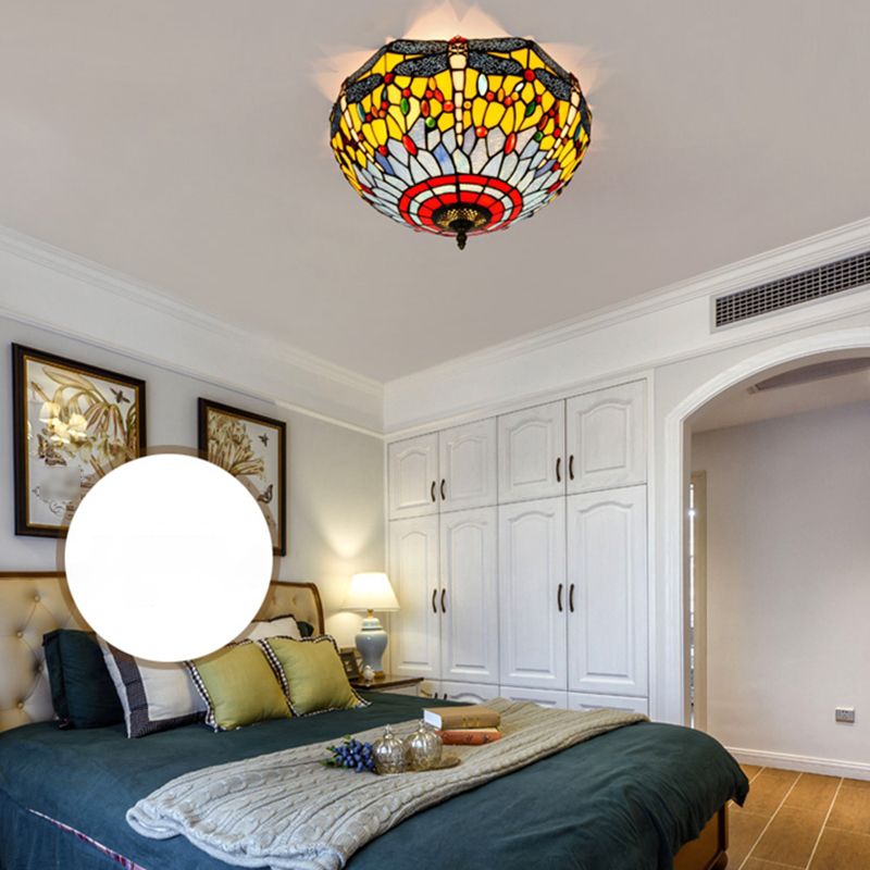 3 Lights Ceiling Fixture Tiffany Style Glass Flush Mount Lamp