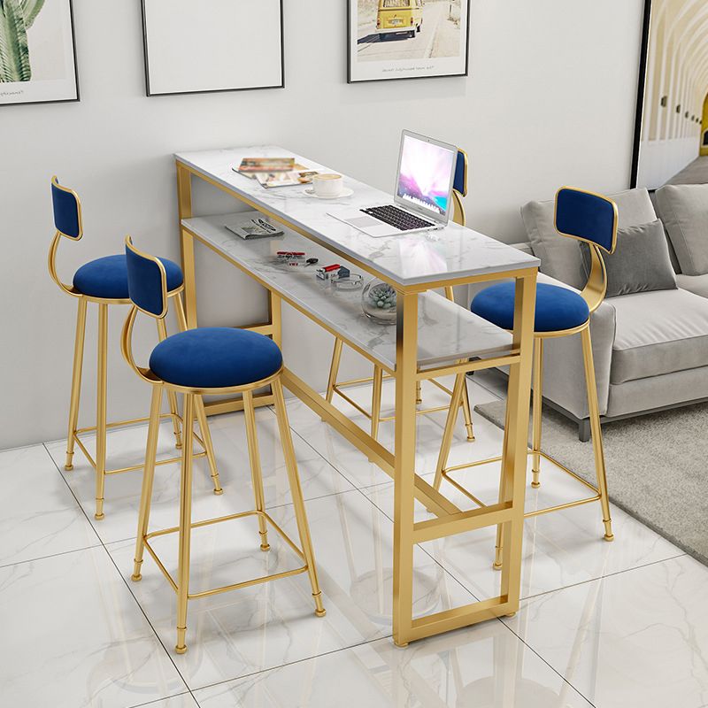 Glam Rectangle Faux Marble Pub Bar Table Gold Iron Bar Dining Table with Trestle Pedestal