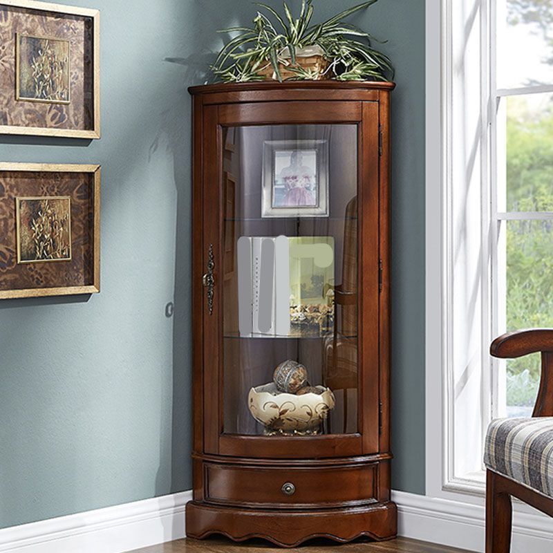 Glass Paned Solid Wood Corner Rustic Accent Cabinet with Doors